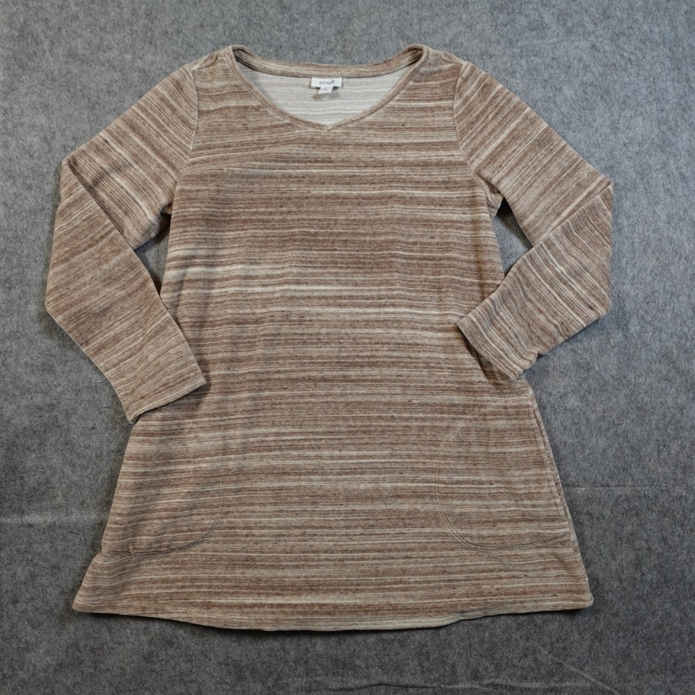 J Jill Womens Small Petite Velvet Striped V Neck Long Sleeve Tunic Top Pockets‎